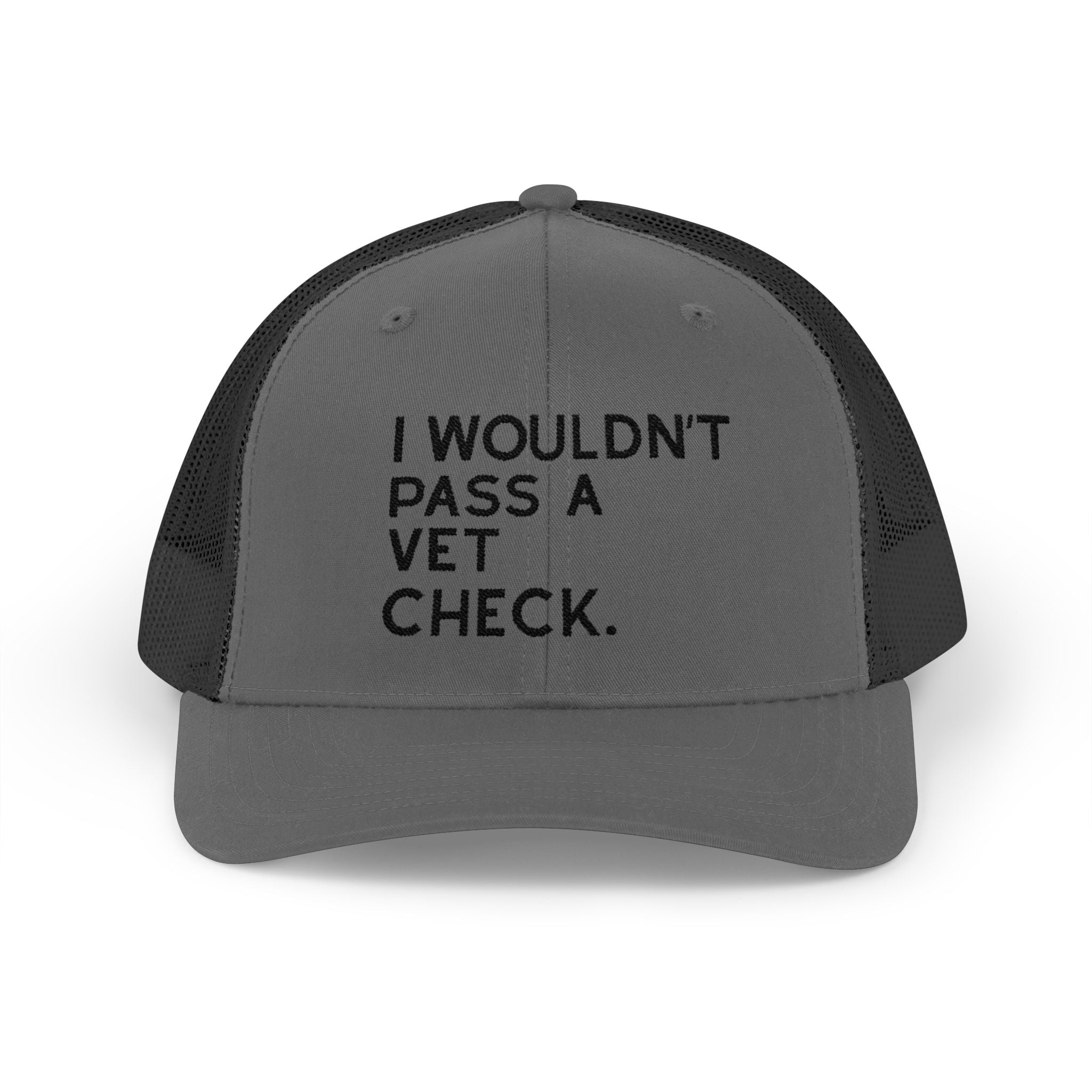 Embroidered I Wouldn't Pass A Vet Check Trucker Hat Embroidered TCC Hat The Cinchy Cowgirl - Print Charcoal / Black
