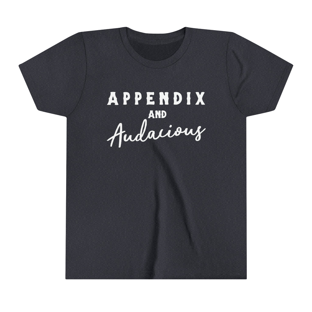 Navy youth short sleeve with white lettering that says "Appendix and Audacious".