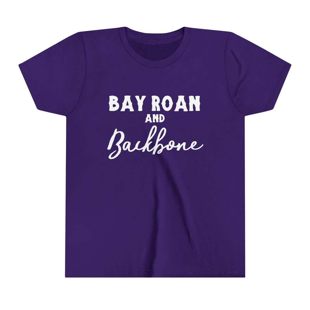 Purple youth short sleeve with white lettering reading "Bay Roan and Backbone". 