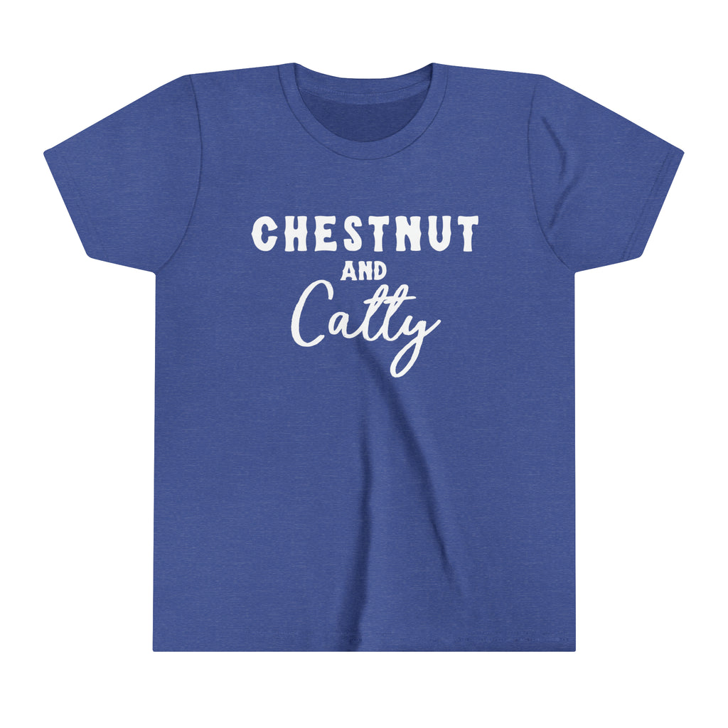 Royal youth short sleeve with white lettering reading "Chestnut and Catty". 