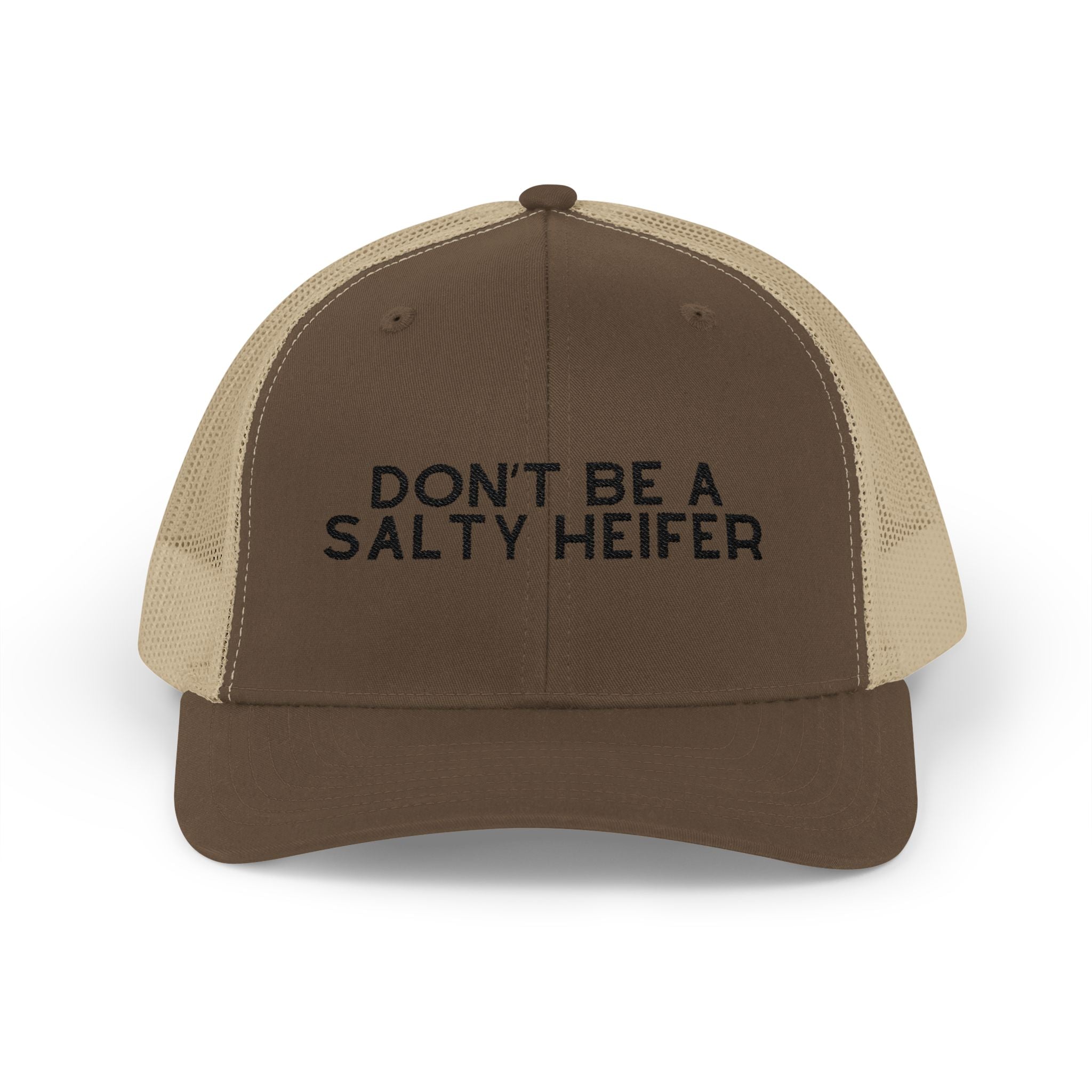 Embroidered Don't Be A Salty Heifer Trucker Hat Embroidered TCC Hat The Cinchy Cowgirl- Print Brown / Khaki