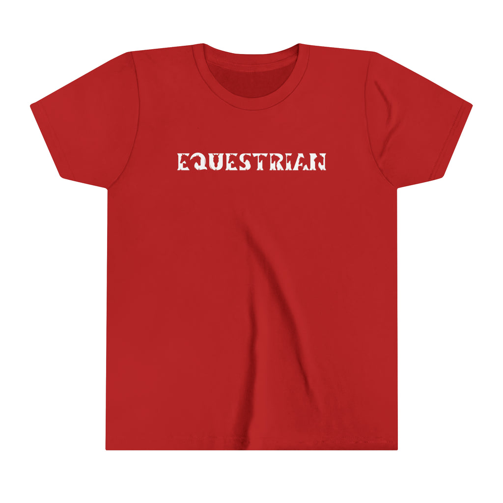 Red youth short sleeve with white lettering reading "Equestrian" with horse cutouts in the lettering.
