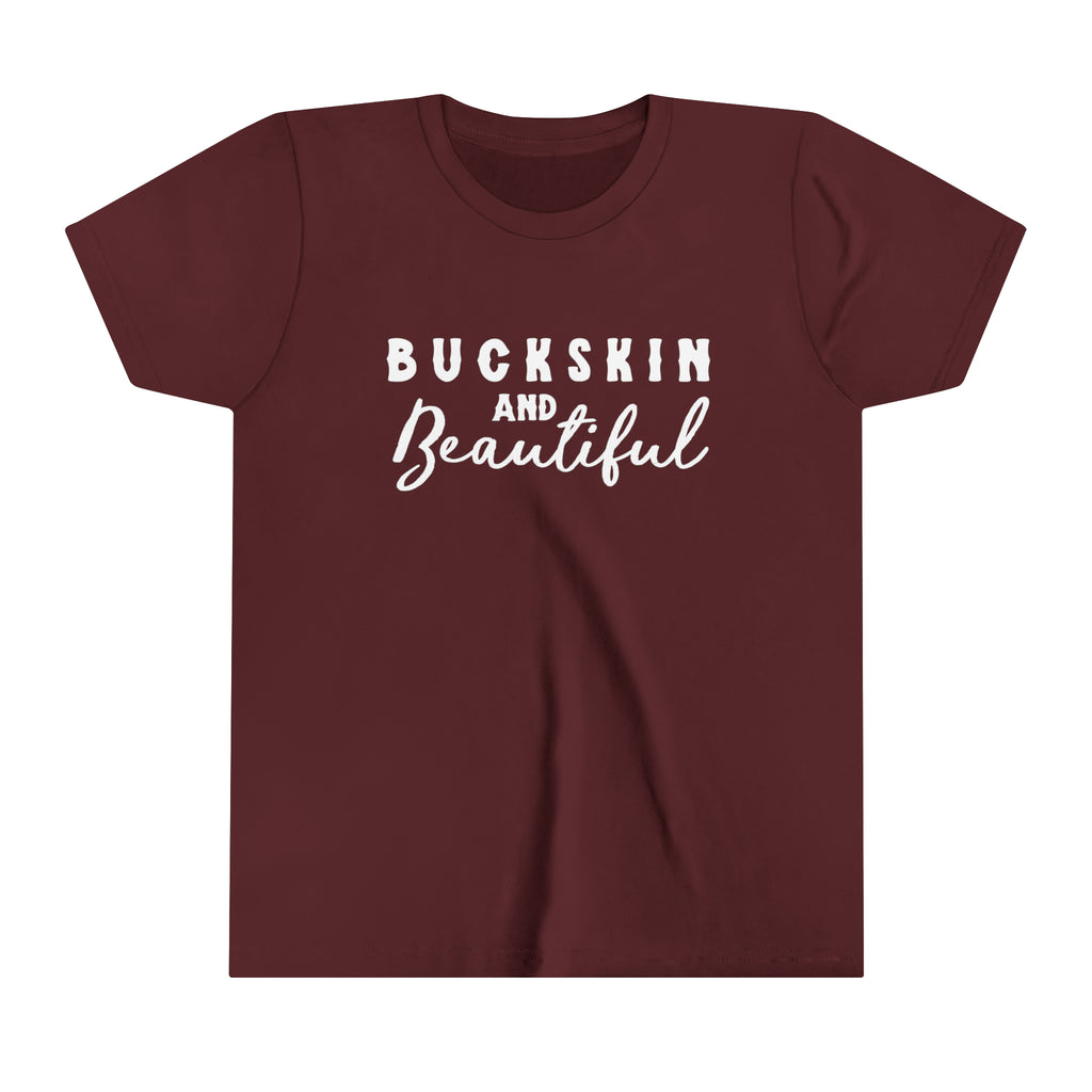 Maroon youth short sleeve with white lettering reading "Buckskin and Beautiful".