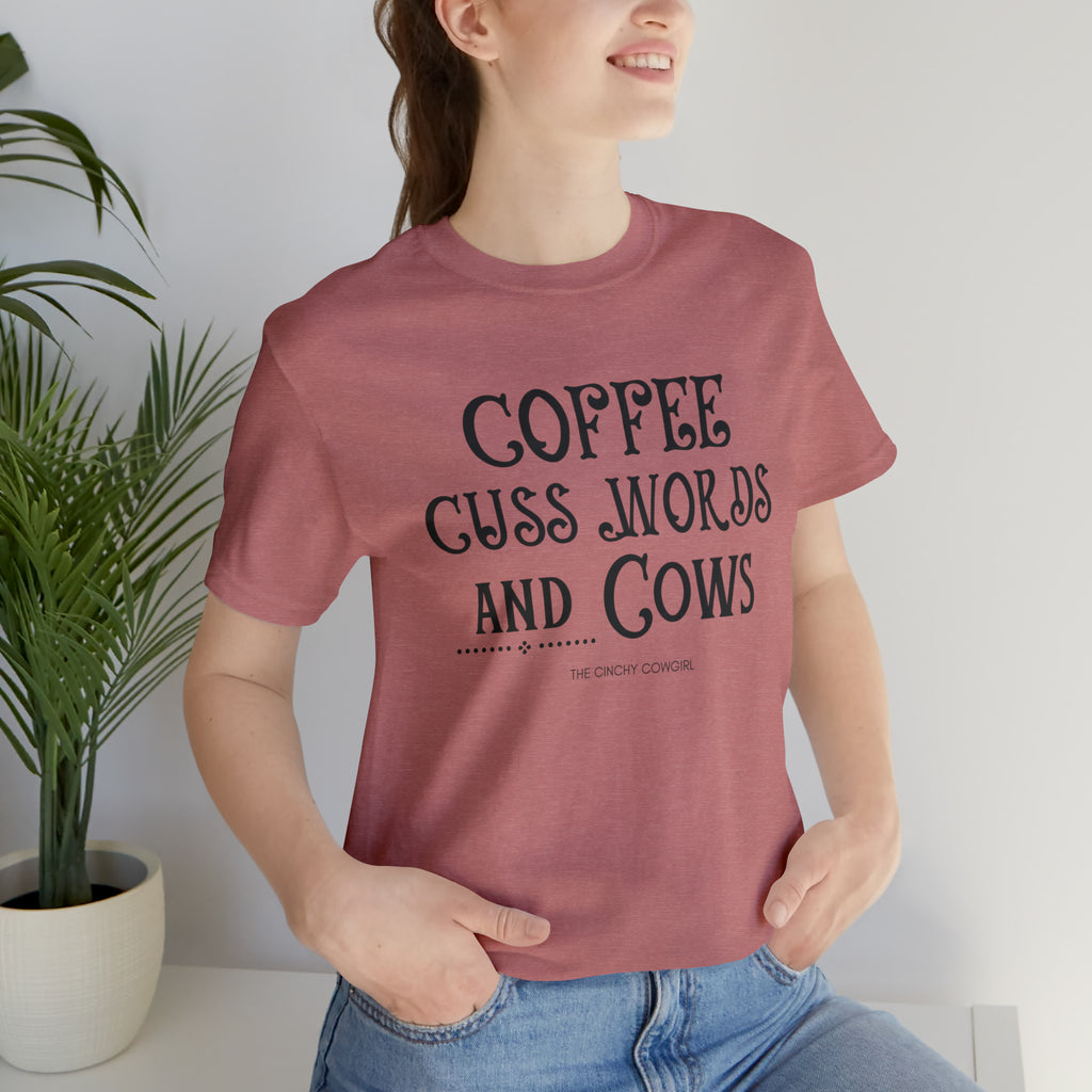 Coffee Cuss Words & Cows Short Sleeve Graphic Tee T-Shirt Printify Heather Mauve S 