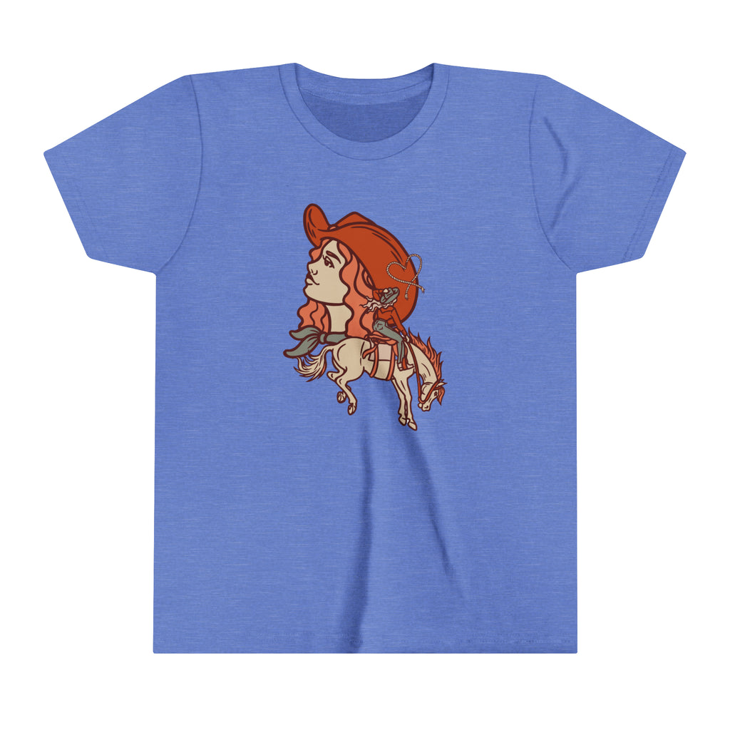 Blue youth short sleeve with a cowgirl printed design and bronc horse with a cowgirl showing a cowgirl's personality. 
