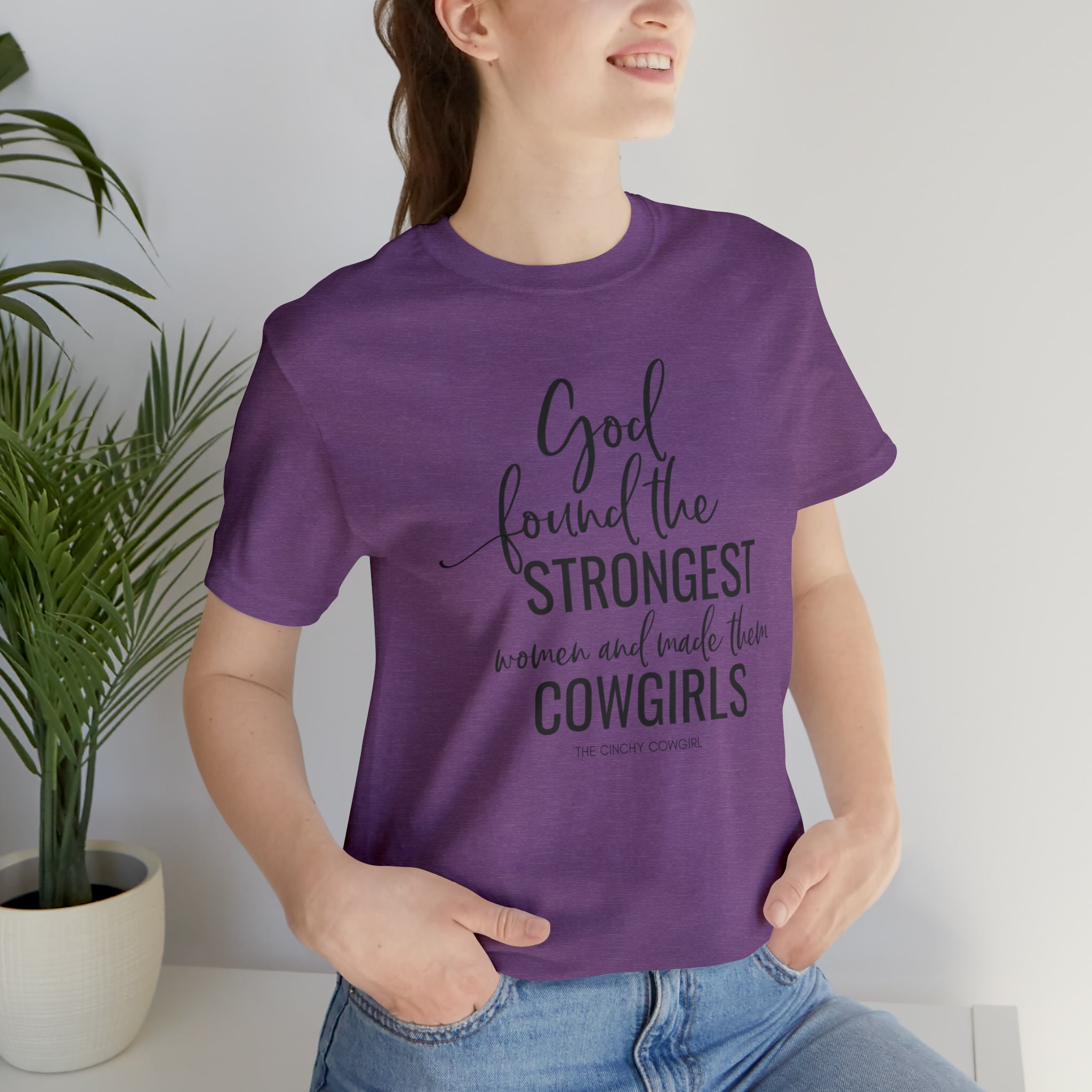 God Found the Strongest Short Sleeve Tee tcc graphic tee Printify Heather Team Purple XS 
