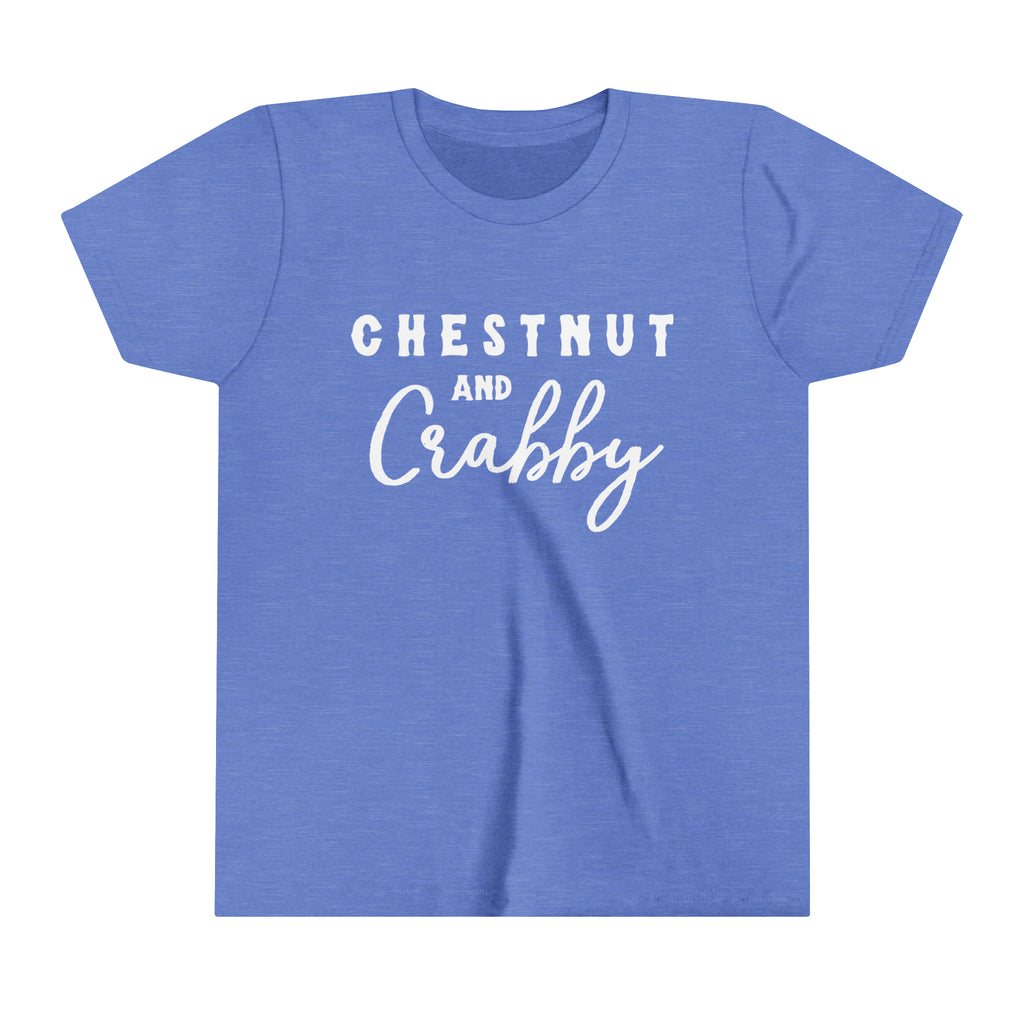 Blue youth short sleeve with white lettering reading "Chestnut and Crabby".