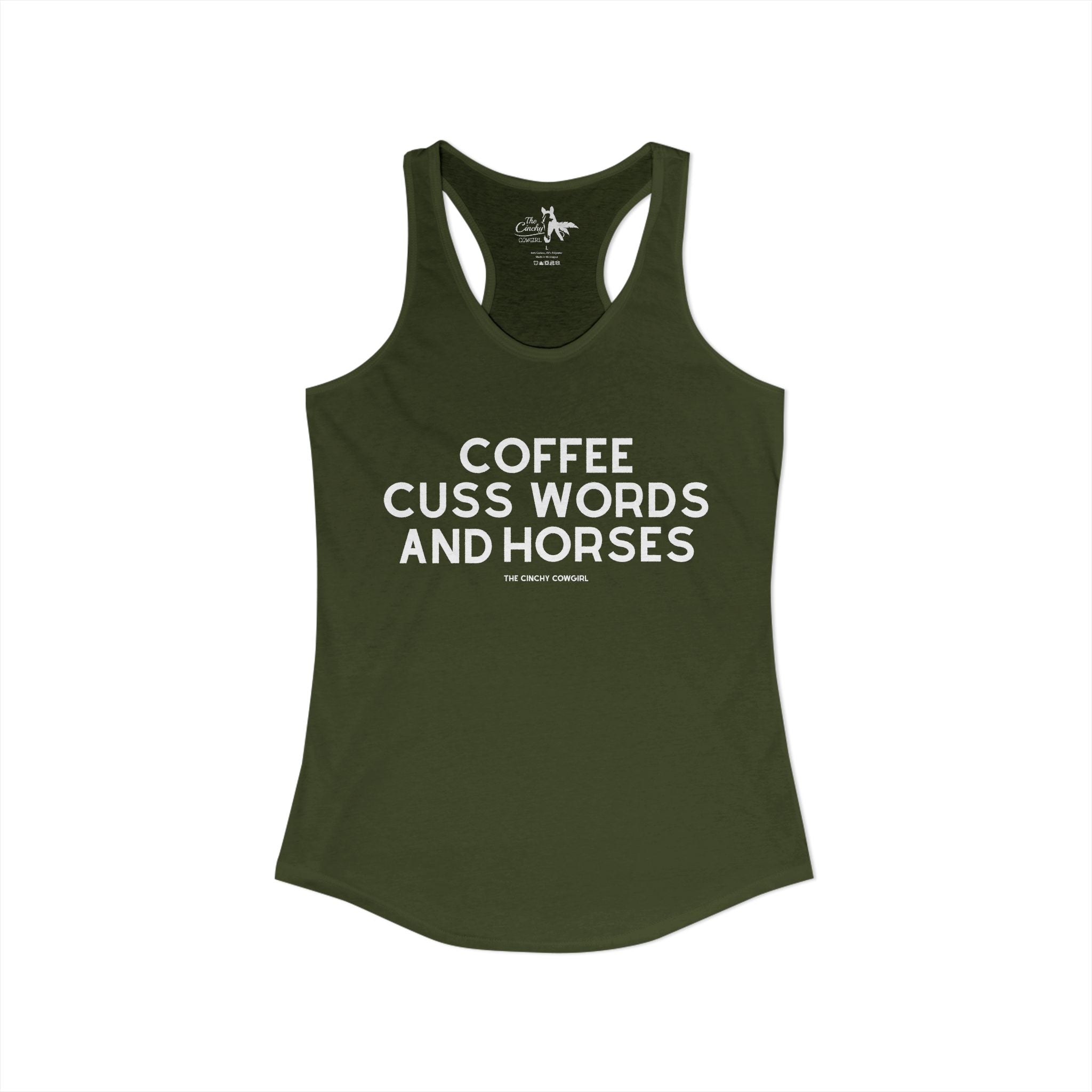 Coffee, Cuss Words And Horses Tank Top Tank Top The Cinchy Cowgirl - Print XS Solid Military Green
