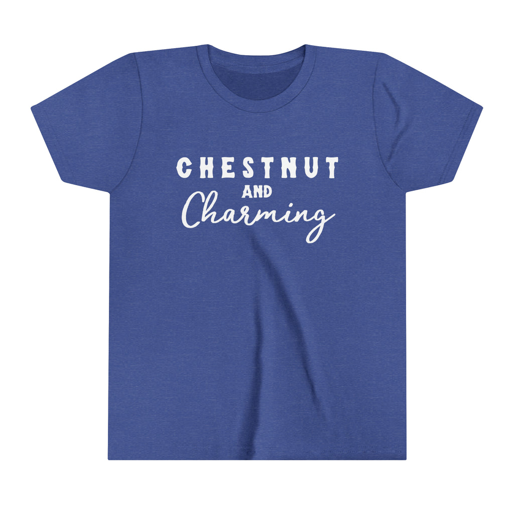 Royal youth short sleeve with white lettering reading "Chestnut and Charming". 