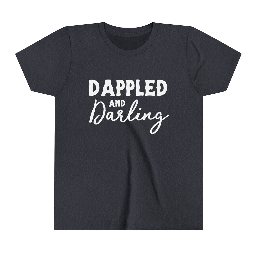Navy youth short sleeve with white lettering reading "Dappled and Darling". 