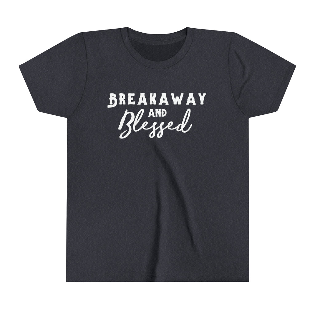Navy youth short sleeve with white lettering reading "Breakaway and Blessed".