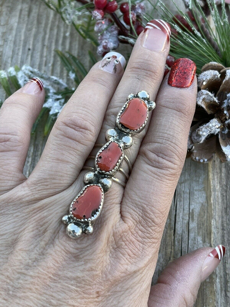 Southwestern Stacked Coral Three Stone Ring NT jewelry Nizhoni Traders LLC   