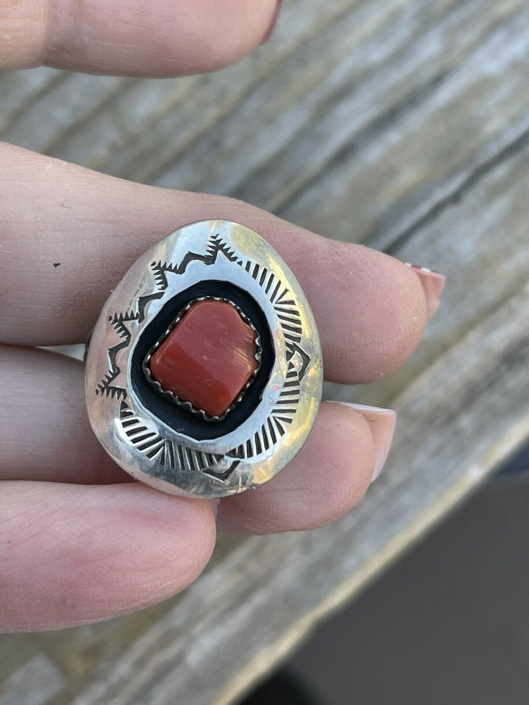 Natural Red Coral Shadow Box Ring NT jewelry Nizhoni Traders LLC   