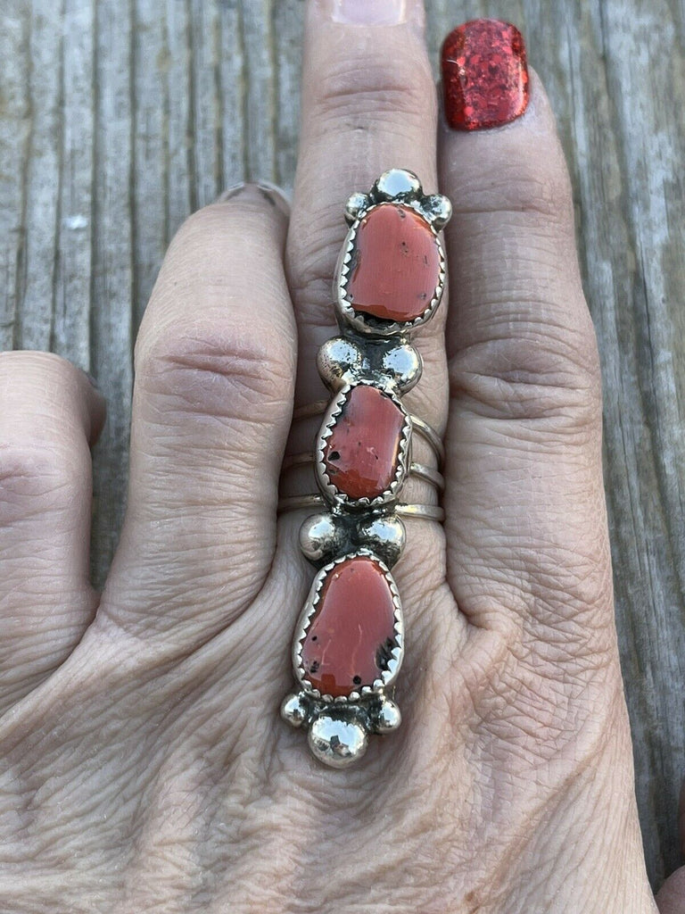 Southwestern Stacked Coral Three Stone Ring NT jewelry Nizhoni Traders LLC   