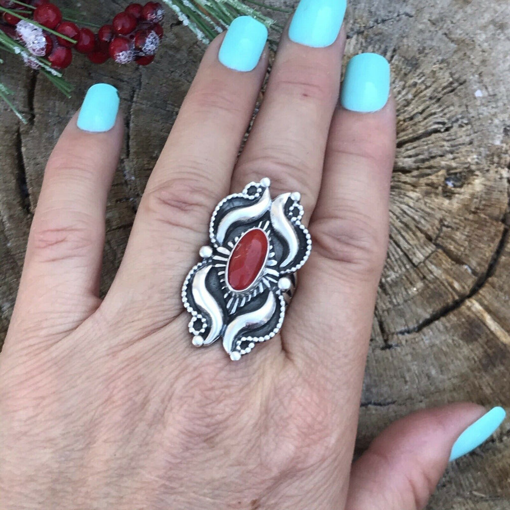 Southwestern Coral Fire Ring NT jewelry Nizhoni Traders LLC   