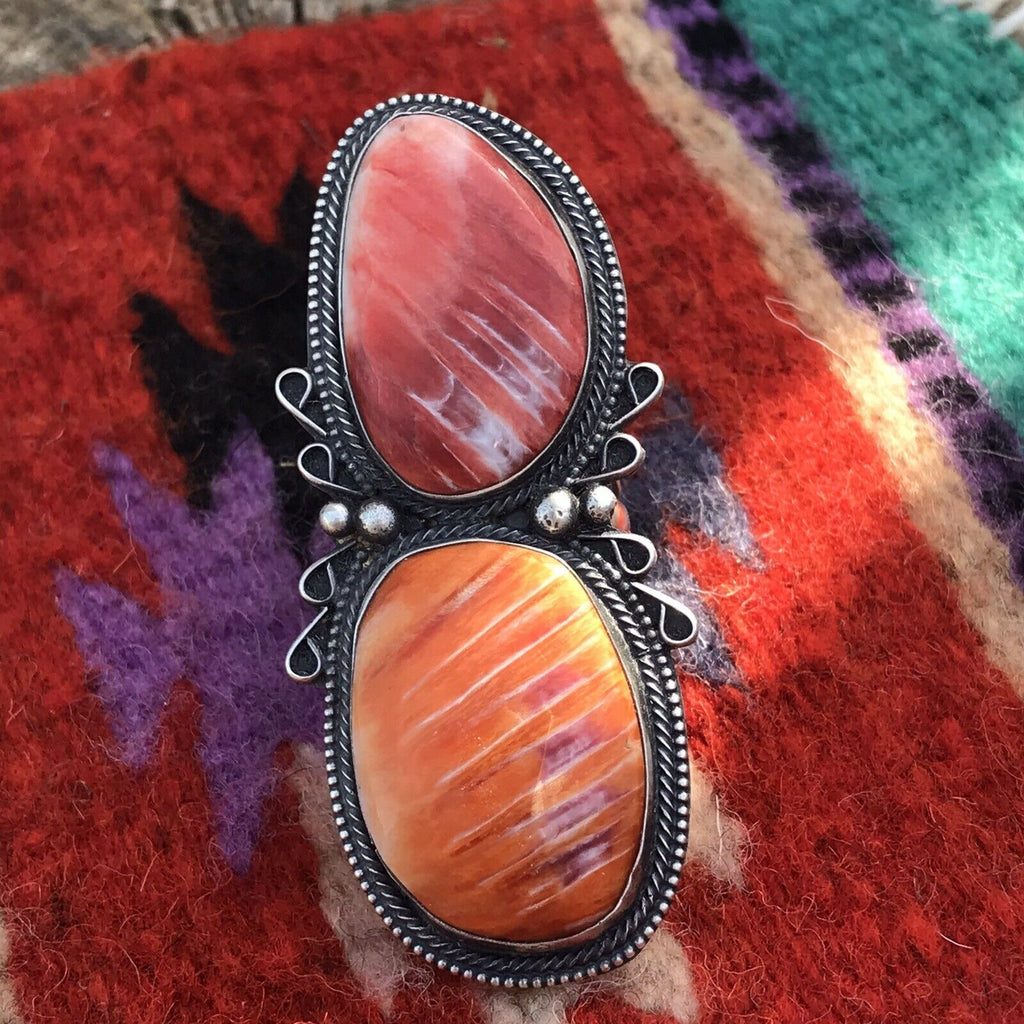 Orange Spiny Oyster Stacked Concho Ring NT jewelry Nizhoni Traders LLC   