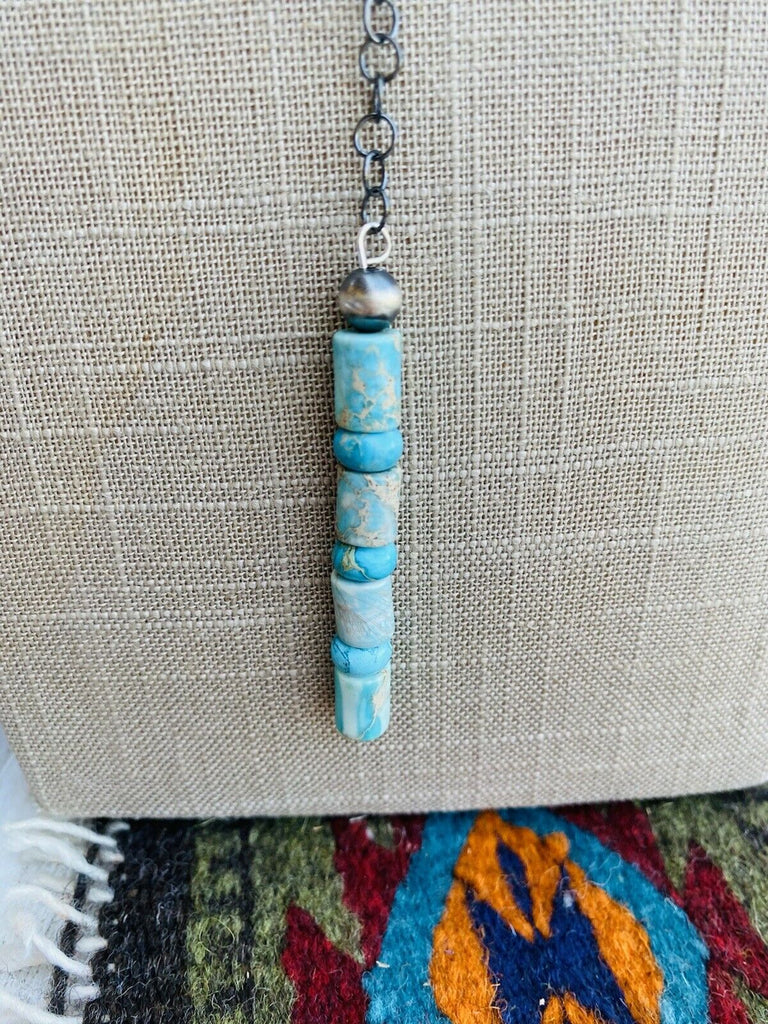Navajo Turquoise And Sterling Silver Beaded Lariat Necklace NT jewelry Nizhoni Traders LLC   
