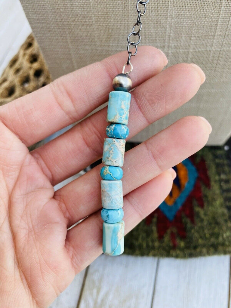 Navajo Turquoise And Sterling Silver Beaded Lariat Necklace NT jewelry Nizhoni Traders LLC   