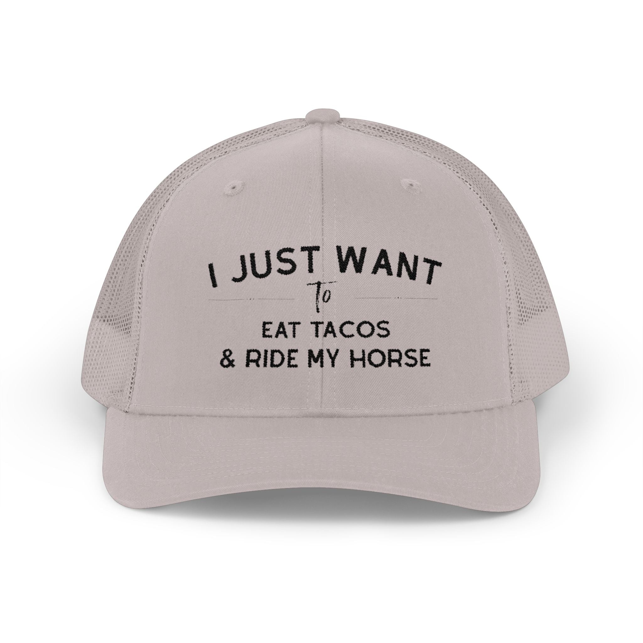 Embroidered I Just Want To Eat Tacos & Ride My Horse Trucker Hat Embroidered TCC Hat The Cinchy Cowgirl - Print Silver