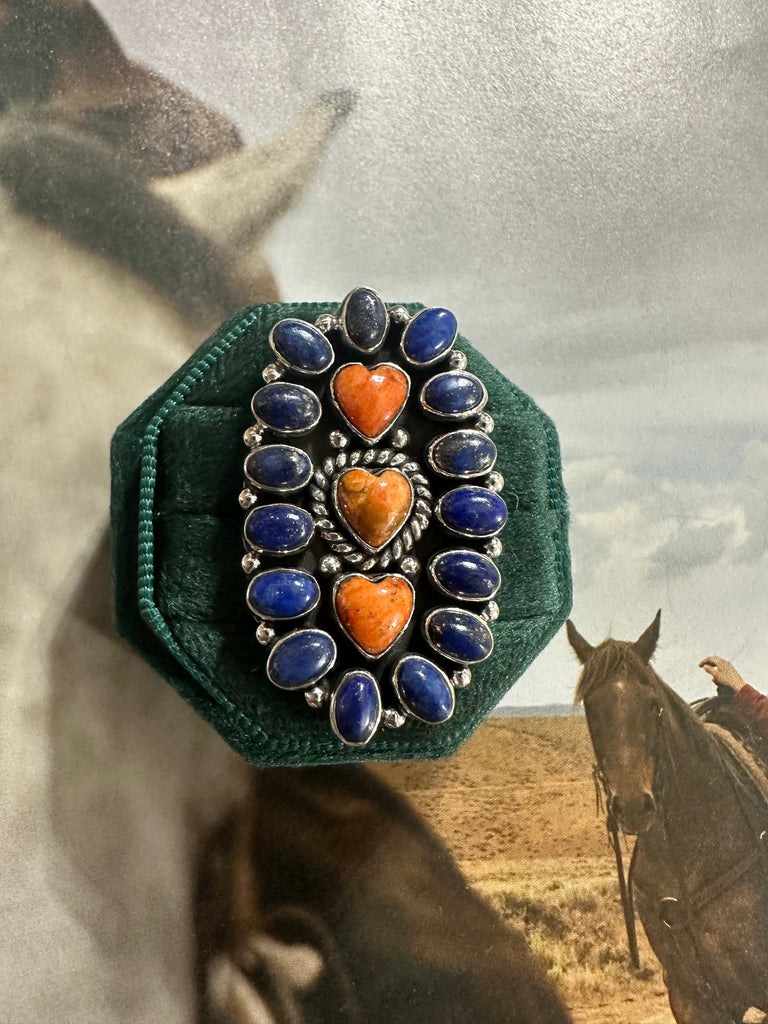 Handmade Orange Mojave, Lapis And Sterling Silver Adjustable Ring NT jewelry Nizhoni Traders LLC   