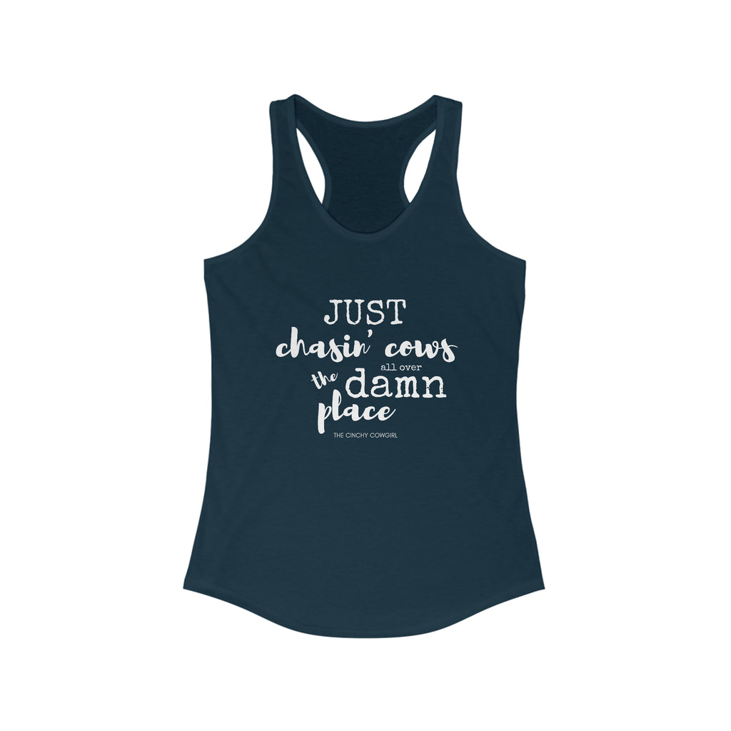 Just Chasin' Cows Racerback Tank tcc graphic tee Printify XS Solid Midnight Navy 