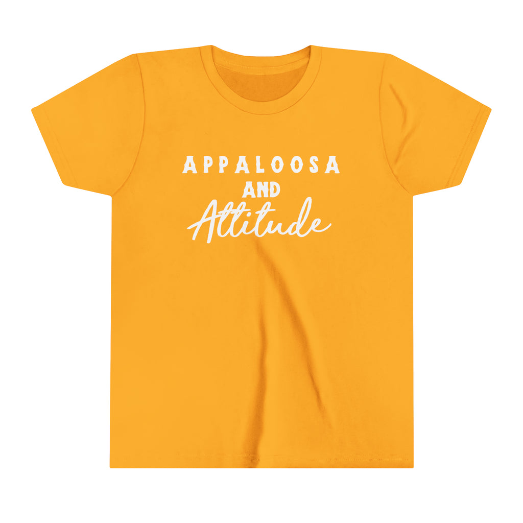 Western gold youth short sleeve with white lettering that reads "Appaloosa & Attitude".