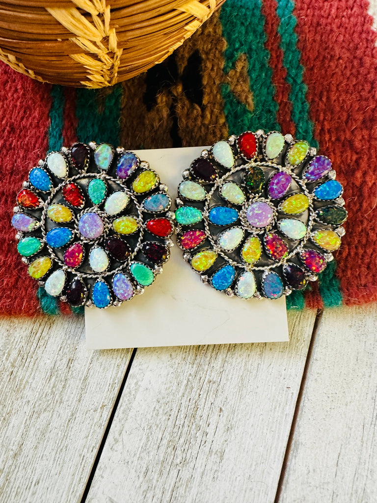 Navajo Multicolor Opal And Sterling Silver Cluster Post Earrings NT jewelry Nizhoni Traders LLC   
