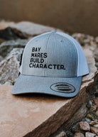 Gray Embroidered Bay Mares Build Character Trucker Hat Embroidered TCC Hat The Cinchy Cowgirl