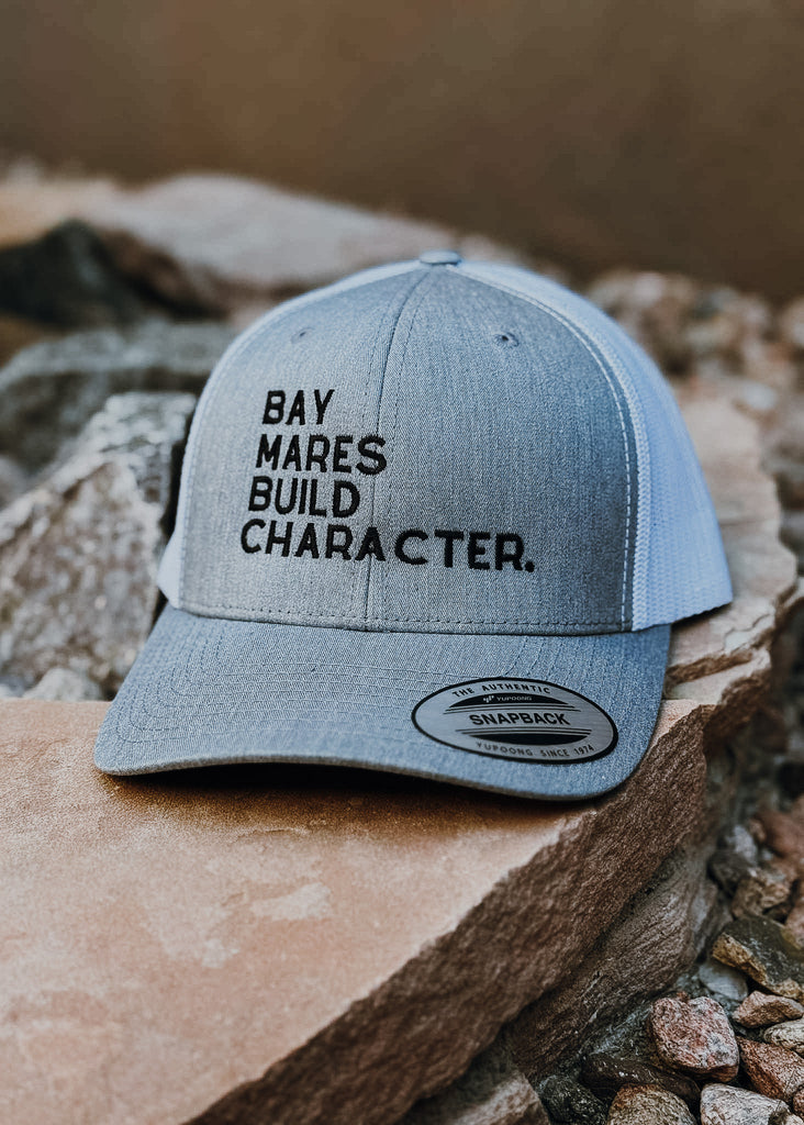 Gray Embroidered Bay Mares Build Character Trucker Hat Embroidered TCC Hat The Cinchy Cowgirl