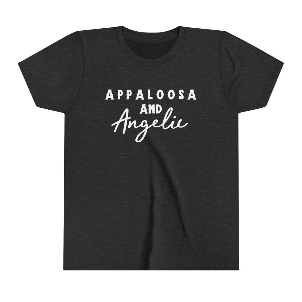 Western dark grey youth short sleeve with white lettering that reads "Appaloosa & Angelic".