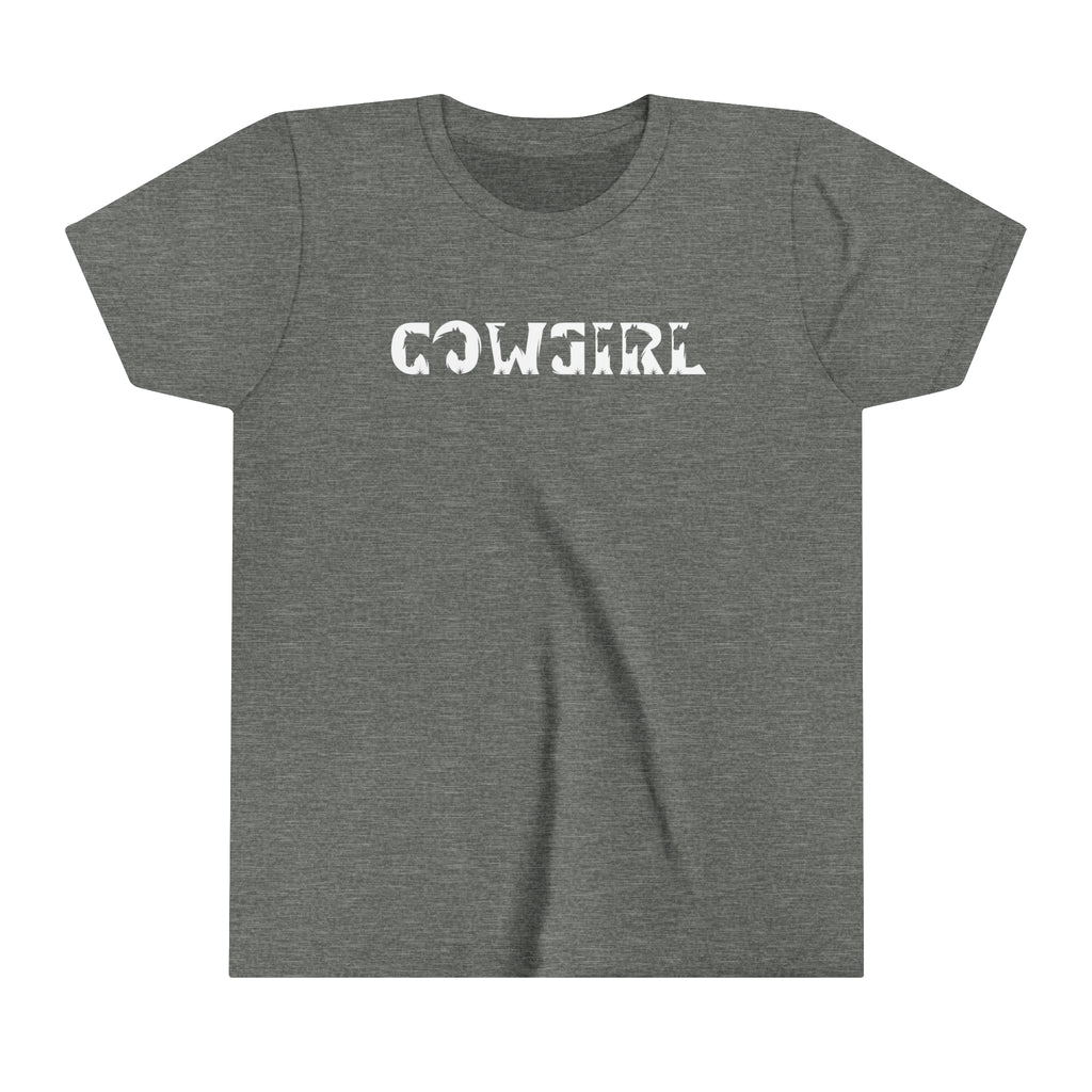 grey youth short sleeve with black lettering reading "Cowgirl" with horse head cut outs in the lettering.