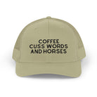 Coffee Cuss Words and Horses Trucker Hat Embroidered TCC Hat The Cinchy Cowgirl - Print Khaki
