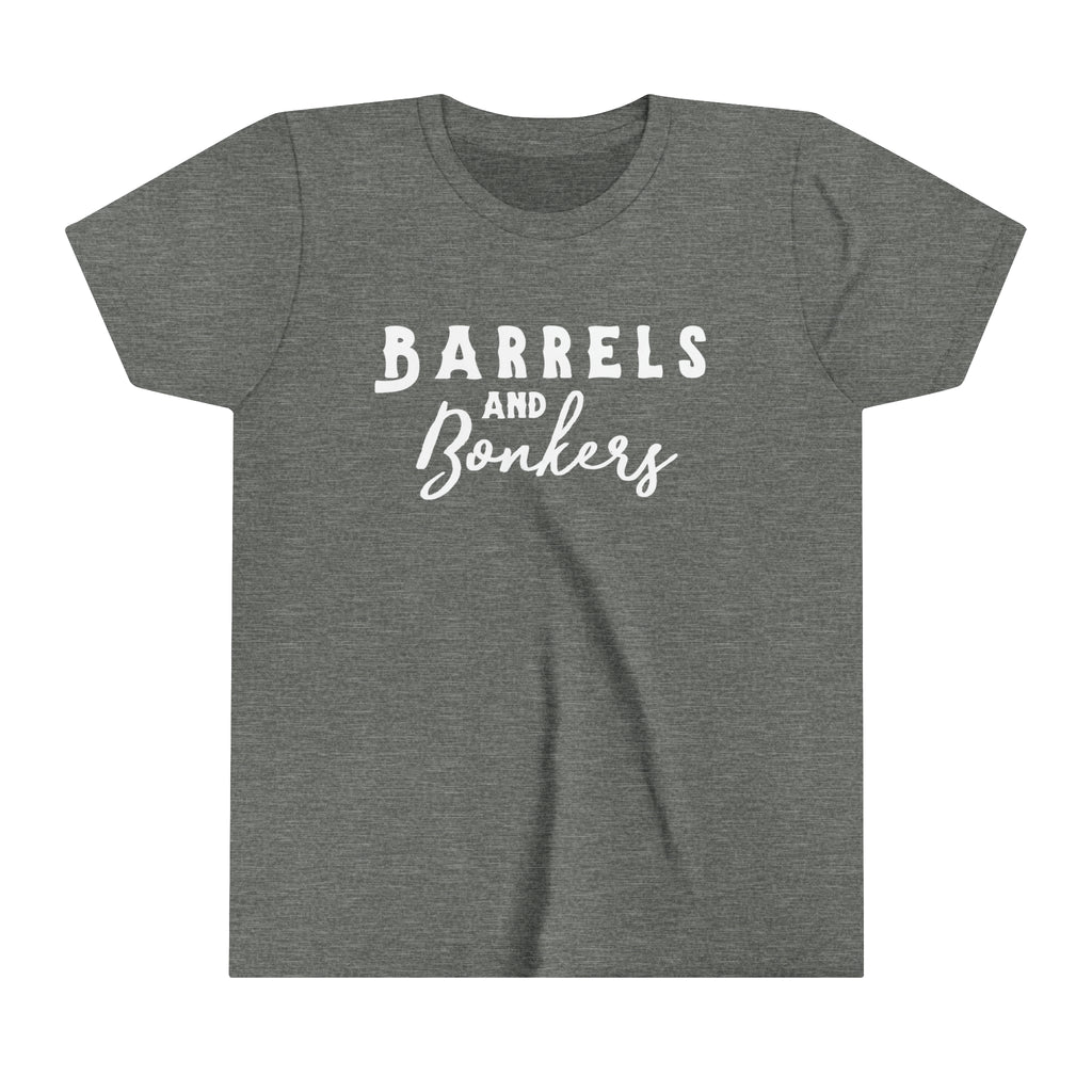 Grey youth short sleeve with white lettering reading "Barrels and Bonkers".