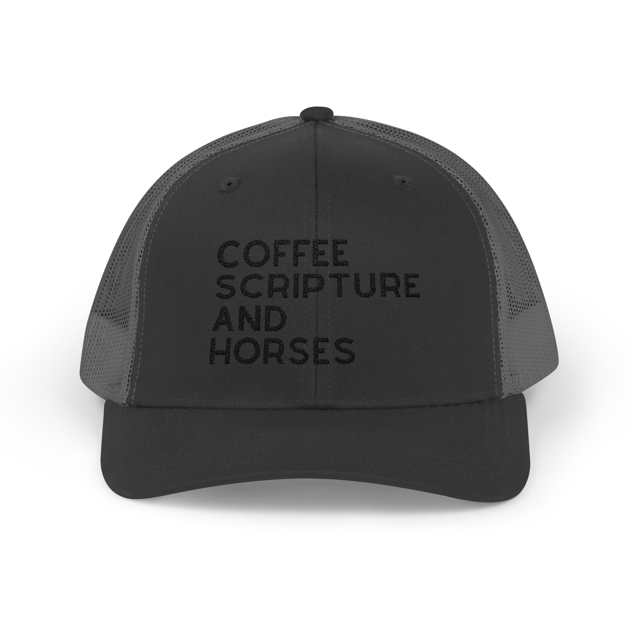 Embroidered Coffee Scripture and Horses Trucker Hat [23 Colors] Embroidered TCC Hat The Cinchy Cowgirl - Print Black / Charcoal