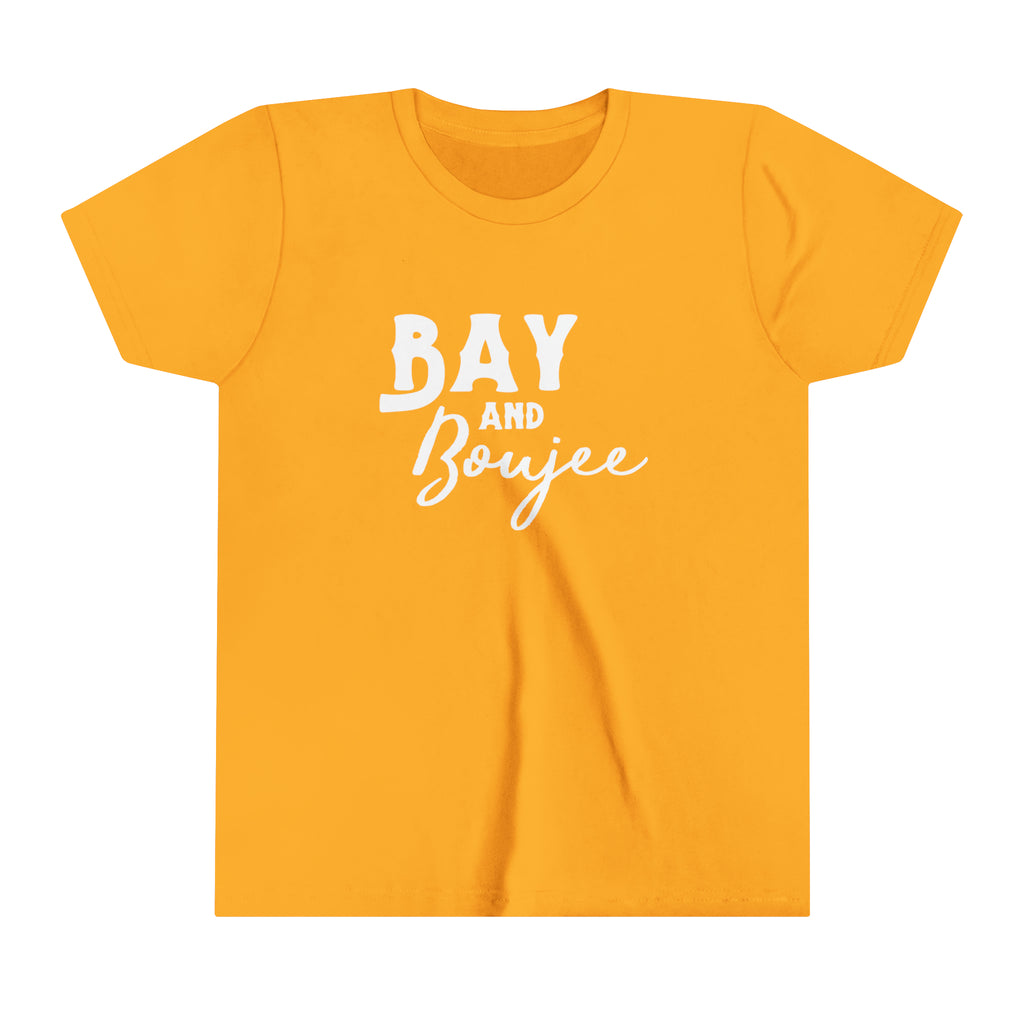 Gold youth short sleeve with white lettering that reads "Bay and Boujee".