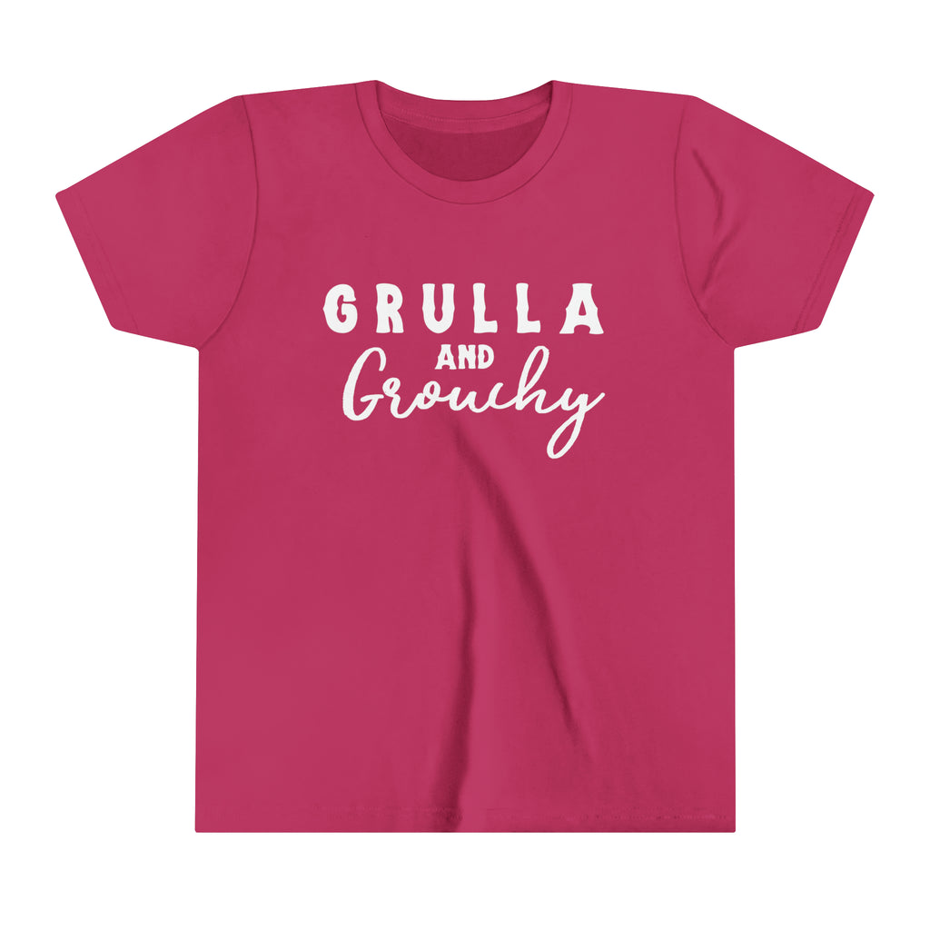 Berry youth short sleeve with white lettering reading "Grulla and Grouchy".