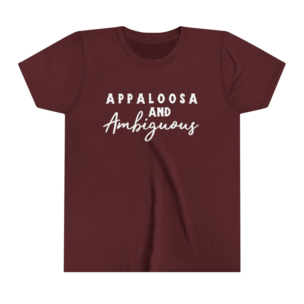 Western maroon youth short sleeve with white lettering that reads "Appaloosa & Ambiguous".