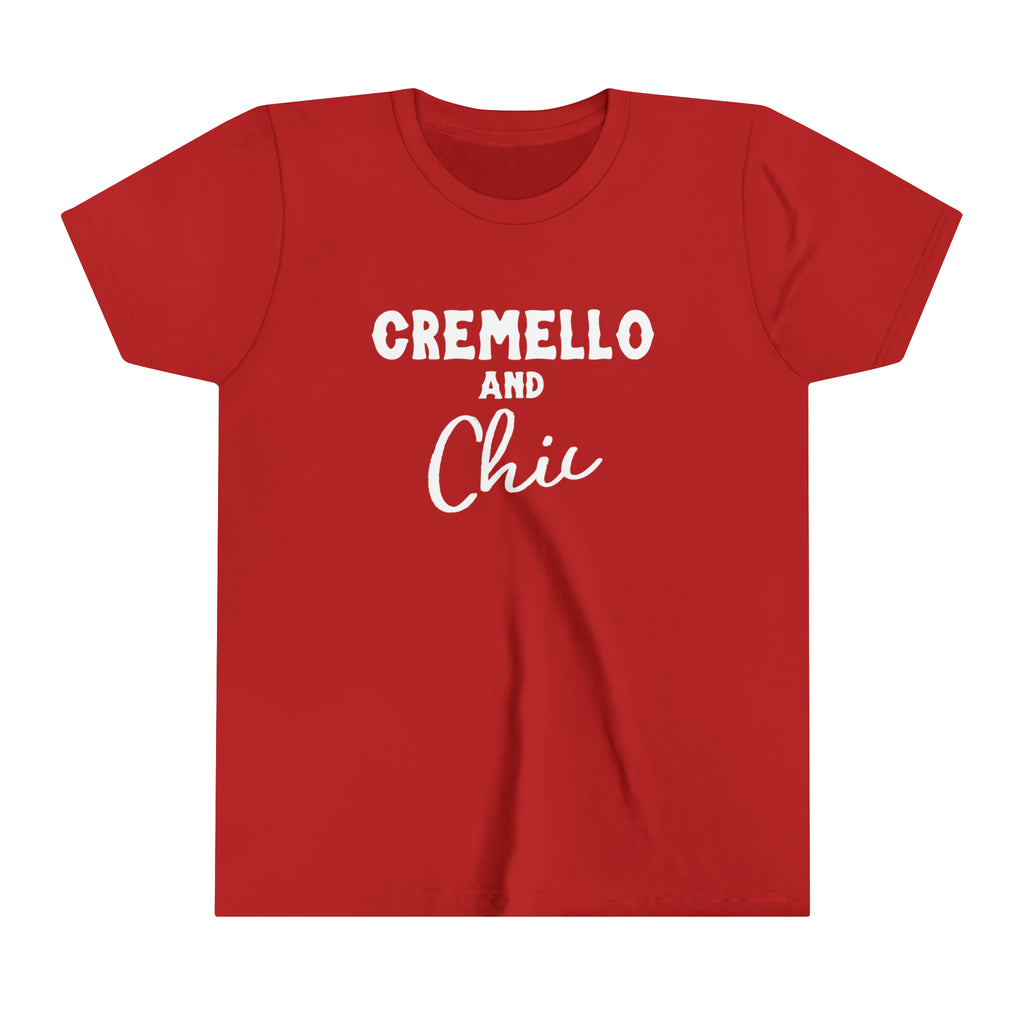 Red youth short sleeve with white lettering reading "Cremello and Chic".