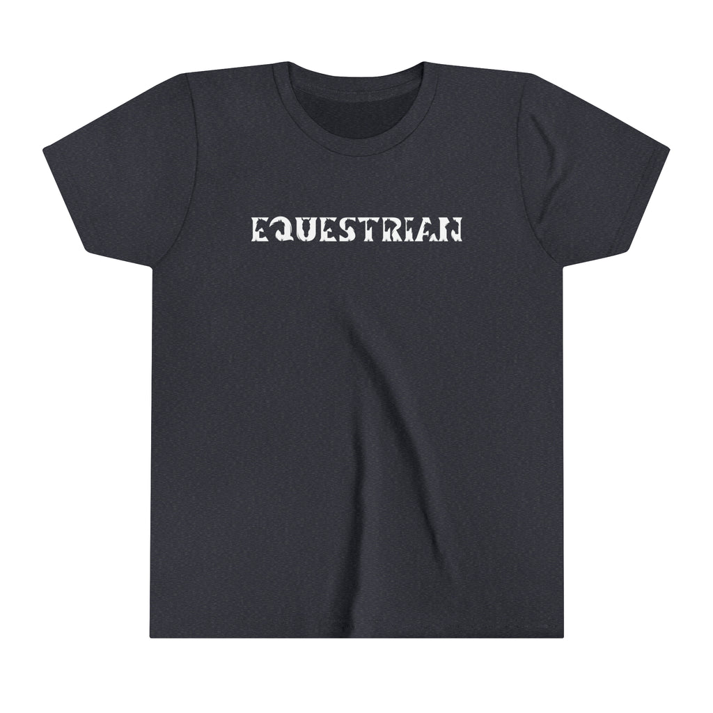 Navy youth short sleeve with white lettering reading "Equestrian" with horse cutouts in the lettering.