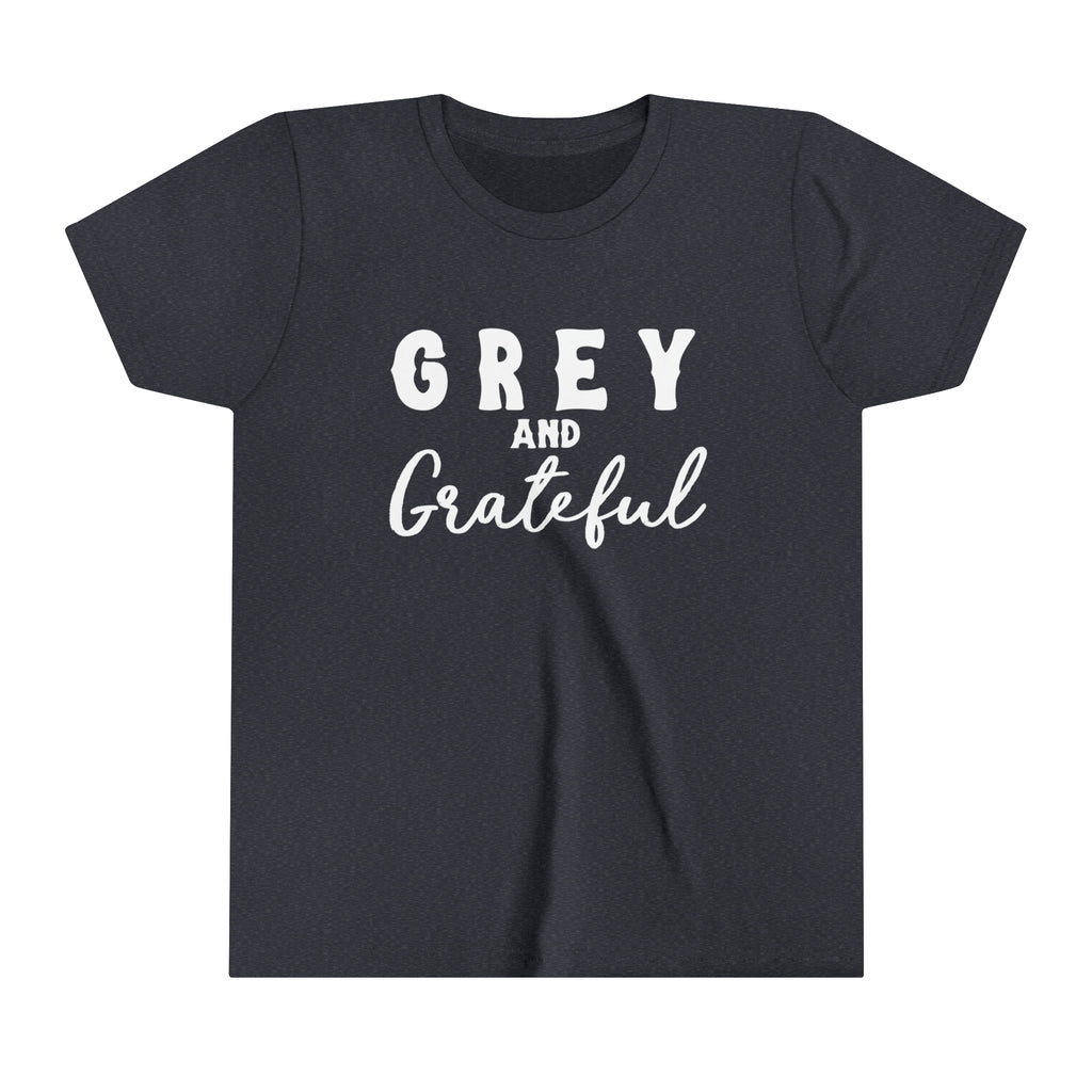 Navy youth short sleeve with white lettering reading "Grey and Grateful". 