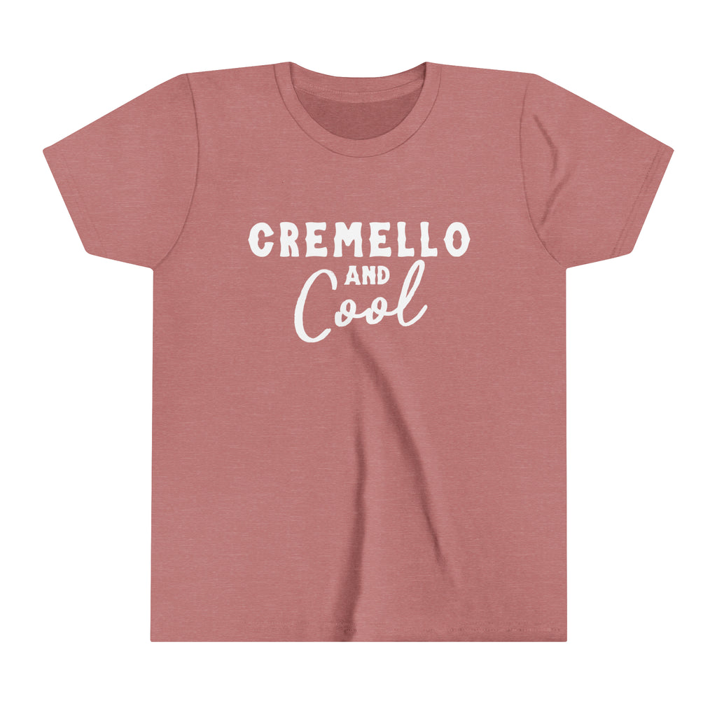 Mauve youth short sleeve tee with white lettering reading "Cremello and Cool". 