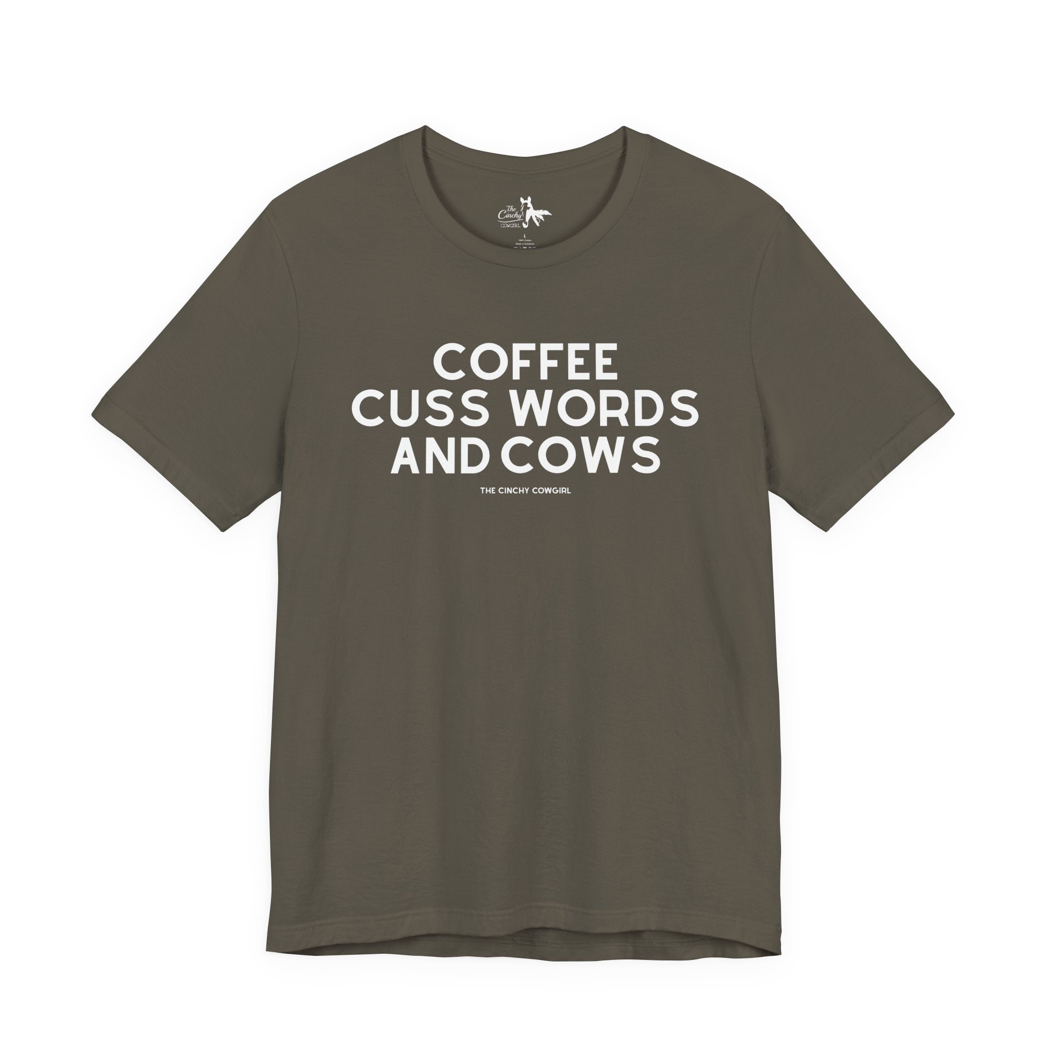 Coffee, Cuss Words And Cows Short Sleeve Tee T-Shirt The Cinchy Cowgirl - Print Army XS