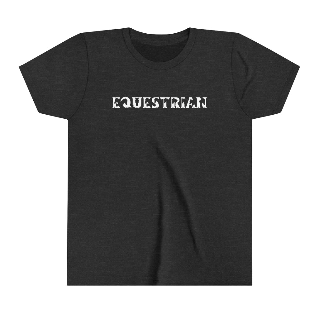 Dark grey youth short sleeve with white lettering reading "Equestrian" with horse cutouts in the lettering.