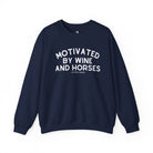 Motivated By Wine & Horses Fleece Pullover Sweatshirt The Cinchy Cowgirl - Print S Navy