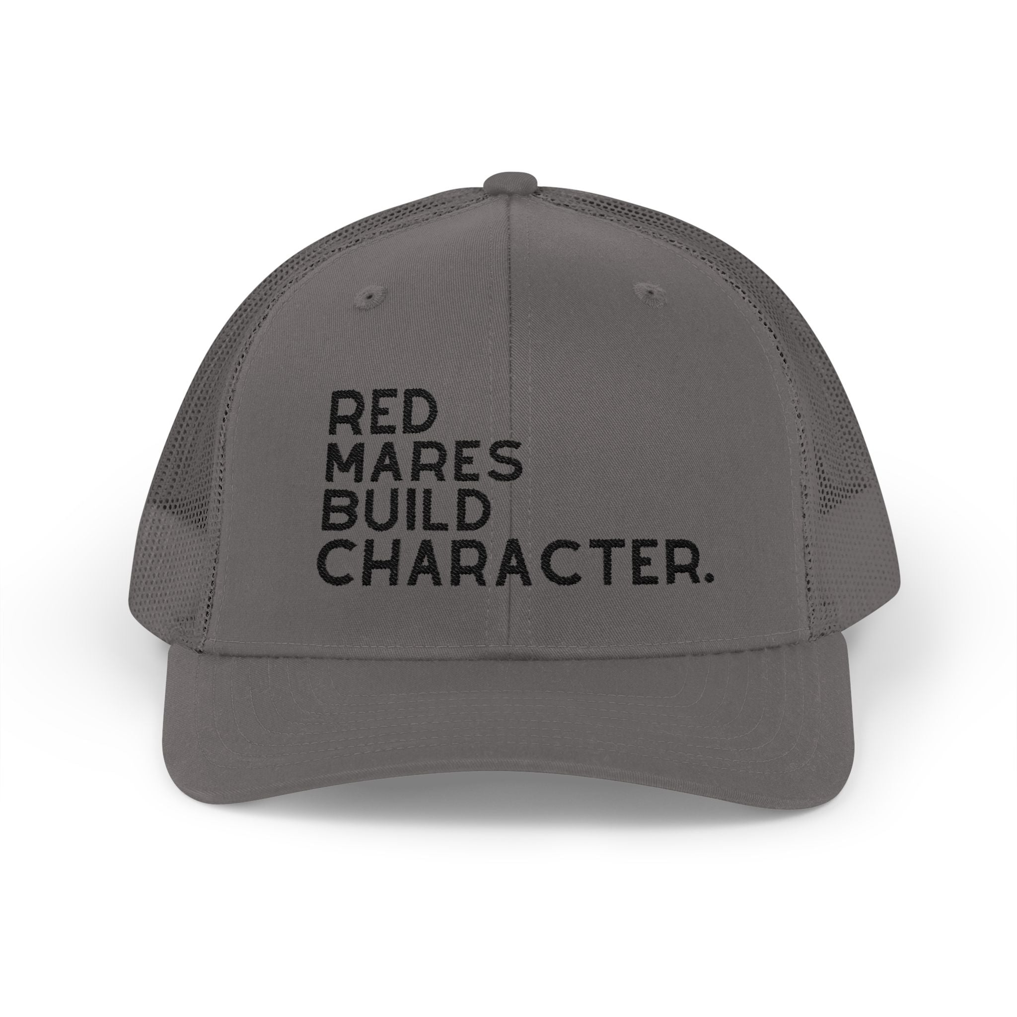 Red Mares Build Character Trucker Hat Embroidered TCC Hat The Cinchy Cowgirl - Print Charcoal