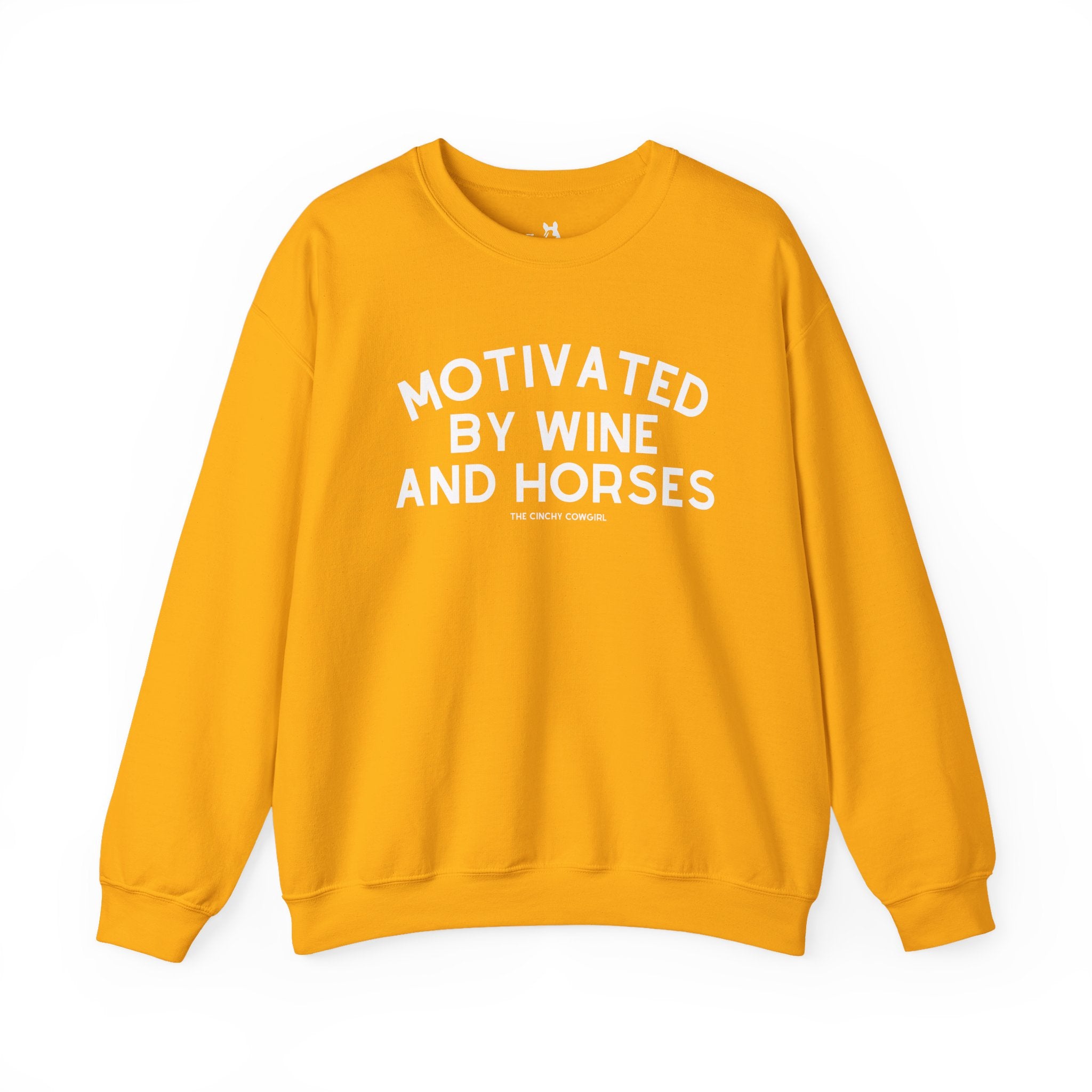 Motivated By Wine & Horses Fleece Pullover Sweatshirt The Cinchy Cowgirl - Print S Gold
