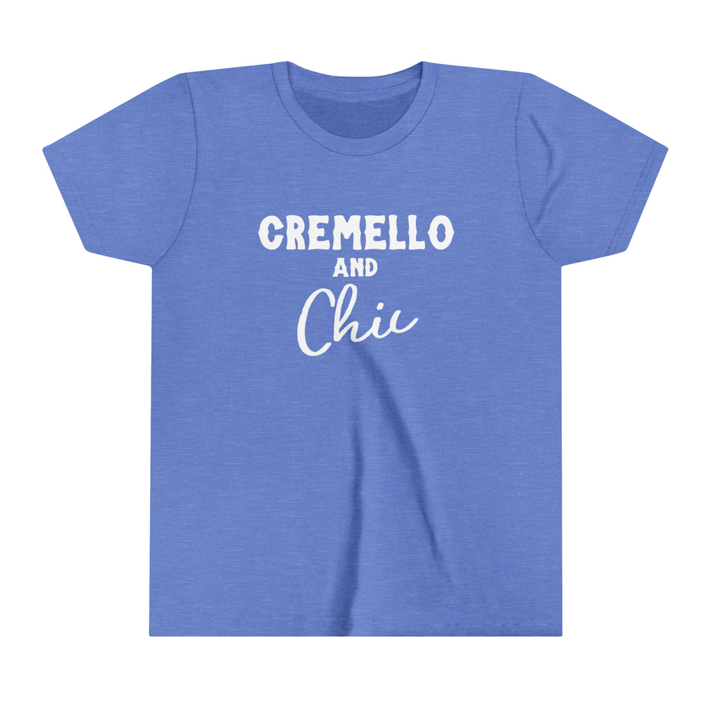 Blue youth short sleeve with white lettering reading "Cremello and Chic".