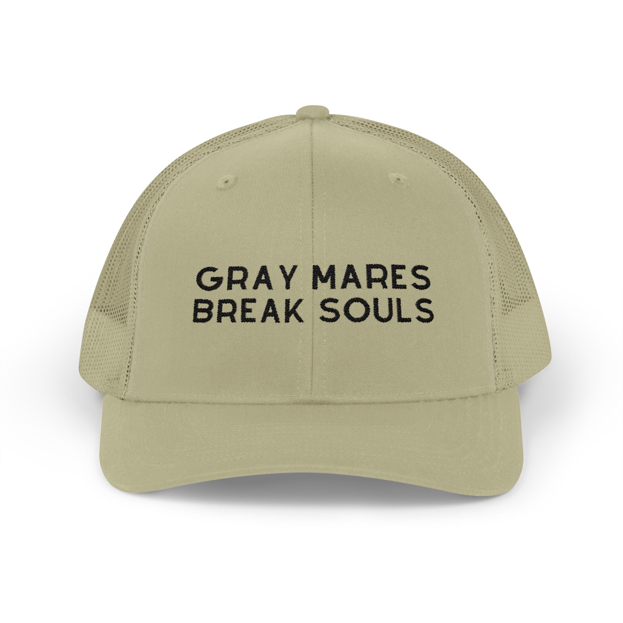 Gray Mares Break Souls Trucker Hat Embroidered TCC Hat The Cinchy Cowgirl - Print Khaki