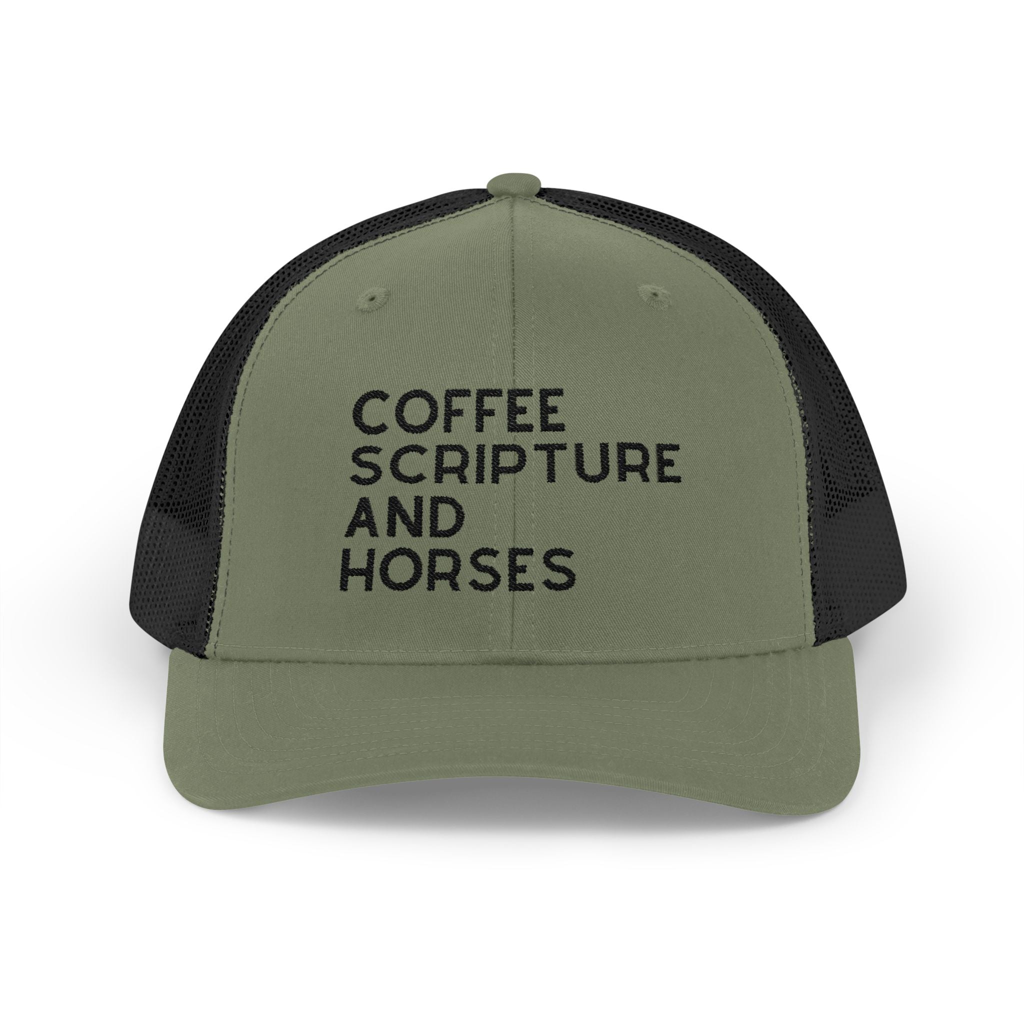 Embroidered Coffee Scripture and Horses Trucker Hat [23 Colors] Embroidered TCC Hat The Cinchy Cowgirl - Print