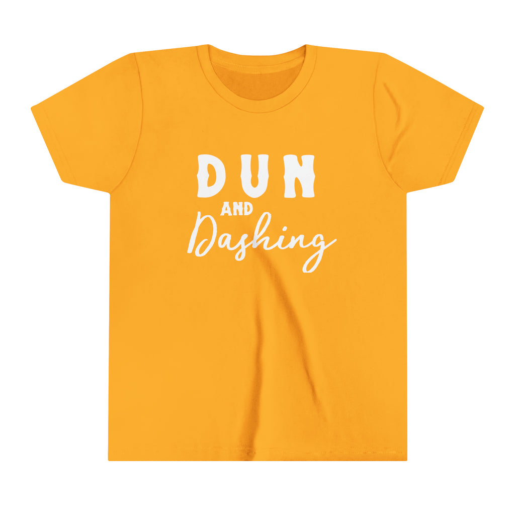Gold youth short sleeve with white lettering reading "Dun and Dashing".